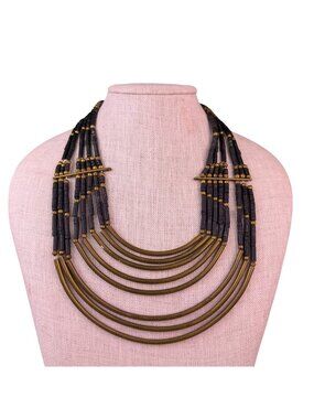 Vintage Black & Gold Tone Brass Multi-Strand Tribal Boho Beaded Necklace